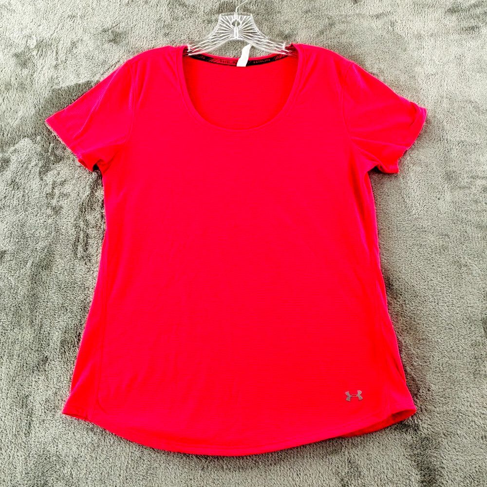 Under Armour Run Short Sleeve T-shirt‎ Womens M Hot Pink Stripe Heat Gear